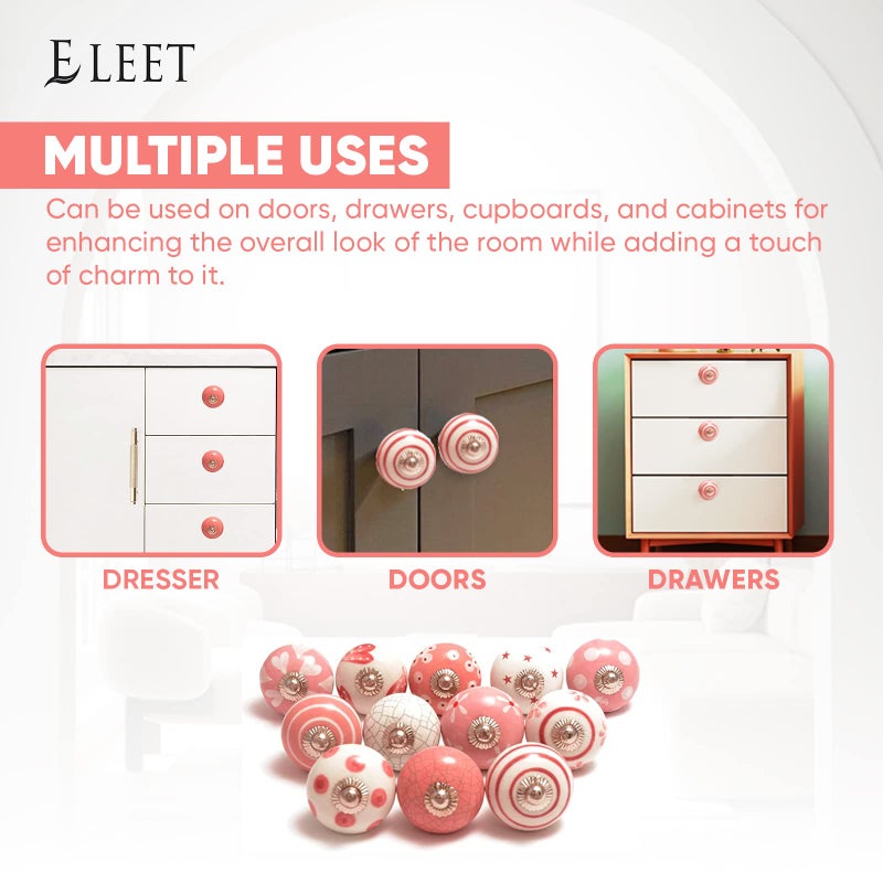 Eleet Assorted Ceramic Knobs Premium Quality Vintage Cabinet Cupboard Door & Drawer Pulls Chrome Hardware (12, Pink & White) - Image 5